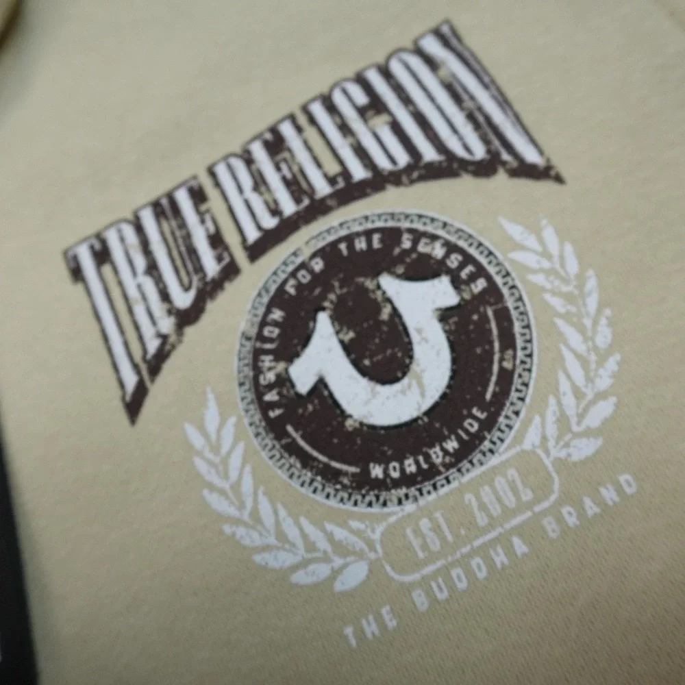 NEW True Religion Hoodie Mens XL Beige Full Zip Fleece Sweatshirt Jacket Graphic